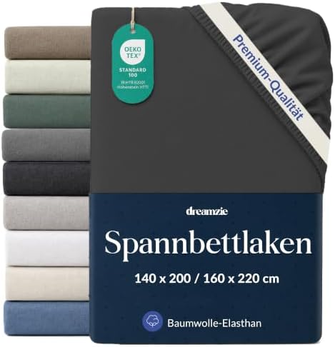 Dreamzie Spannbettlaken 140x200-160x220cm Dunkelgrau, Baumwolle | Jersey 97% Baumwolle, 3% Elasthan · Oeko-Tex zertifiziert · 360°-Gummizug bis 35 cm · Ohne Bügeln