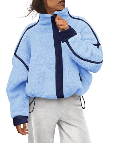 Panadila Womens Fleece Zip Up Jacket Fuzzy Sherpa Jacket Casual Teddy Coats Winter Outerwear with Pockets (Light Blue Combo,L)