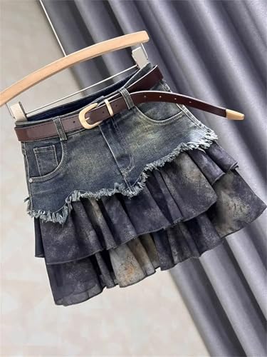Women's Spliced Denim Mini Skirt High-Waisted Slimming A-Line Jean Short Skirt4