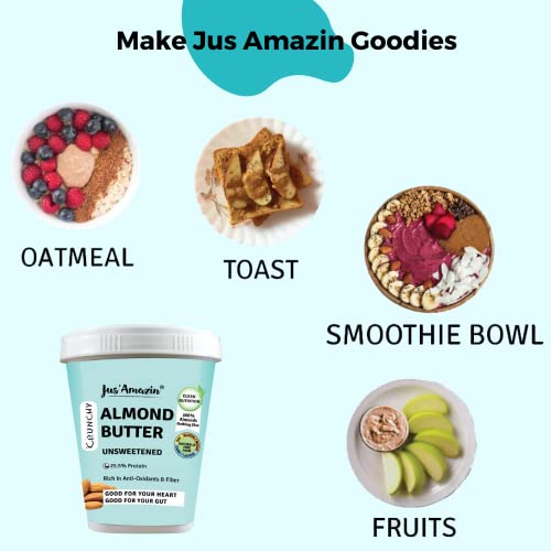 Image of Jus' Amazin Crunchy Almond Butter - Unsweetened (1 Kg Tub) | 25% Protein | Only Whole Almonds (100% Pure) | Zero Additives | 100% Natural | Dairy Free | Keto | Plant Based Nutrition | Clean Nutrition