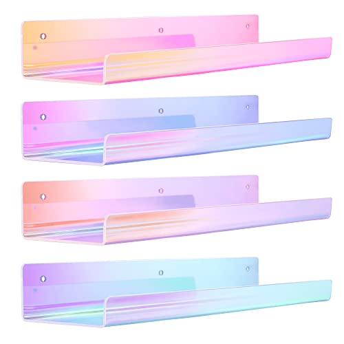 Image of upsimples 4 Pcs 15 inch Iridescent Acrylic Shelves for Wall Decor and Display | Cute Floating Shelf for Perfume, Skincare, Nail Polish, Wall Organizer for Bedroom, Living Room, Playroom, Room Decor
