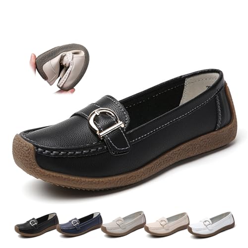 Mocassins orthopédiques en cuir respirant pour femme - Coupe large - Mocassins classiques décontractés à enfiler - Pour le travail, le bureau, les soins infirmiers, Noir , 42 EU