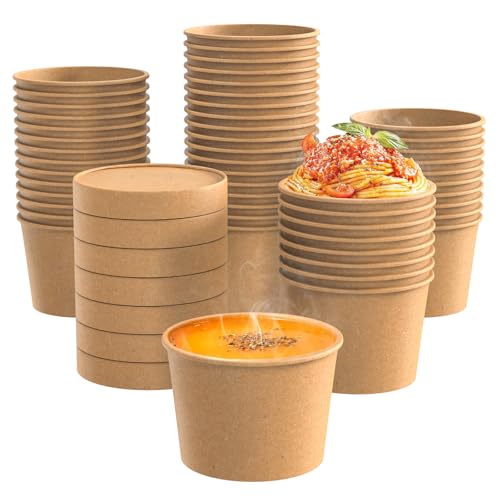 Fit Meal Prep 50 Pack 8 oz Kraft Paper Soup Containers with Vented Lid Hot or Cold Paper Food Cups Restaurant To Go Disposable Food Container Ideal for Salad Stews Frozen Yogurt Ice Cream Dessert