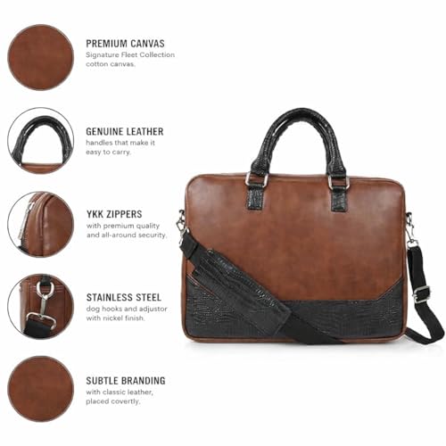 Image of Premium Vegan Leather Laptop Bag for Men | Office Briefcase with Shoulder Strap | Stylish Business Messenger Bag for 15.6 Inch Laptop, Documents & Travel (Tan & Black)