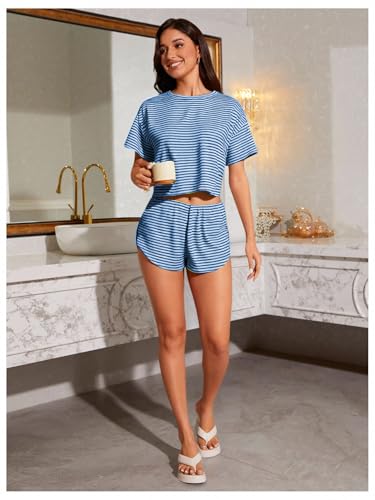 Image of OYOANGLE Womens Pajama Sets 2 Piece Sexy Lounge Sets Summer Cute Pjs Striped Print Tee and Side Split Shorts Set