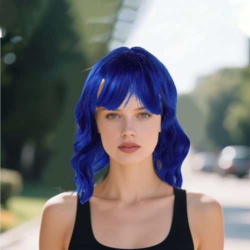 Postiche Courte Bouclée Perruque Bleue Volumineuse Halloween
