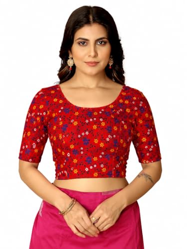 Image of Amazon Brand - Anarva Round Neck Dobby Cotton Lycra Stretchable Elbow Half Sleeve Readymade Saree Blouse for Women Stylish