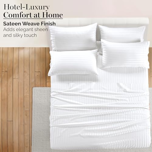 Casa Platino 100% Egyptian Cotton Sheets California King Size Set - 6 Pieces - Damask Stripe- Smooth Sateen Weave Bed Sheets, 15" Deep Pocket - Pure White Sheet Set
