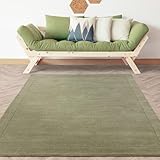 Altezza del pelo: 9 mm Lord of Rugs Tappeto in 100% lana per soggiorno, sala da pranzo, camera da letto, realizzato a mano, moderno, bordato di qualità, morbido, a tinta unita, colore: verde salvia, grande, 160 x 230 cm