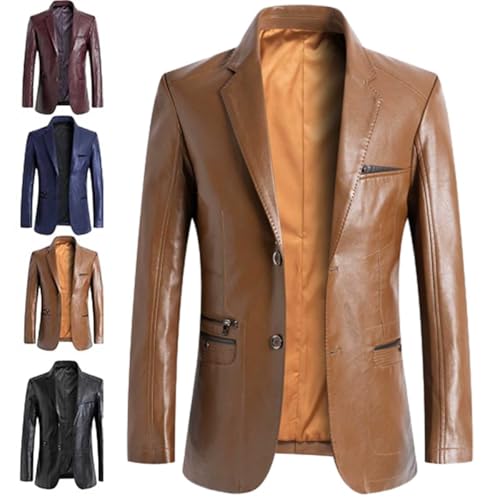 GAGFDA Veste blazer en cuir pour homme, coupe régulière en peau d'agneau, manteau d'affaires, à boutonnage avec doublure, style moto avec plusieurs poches, marron, 5XL