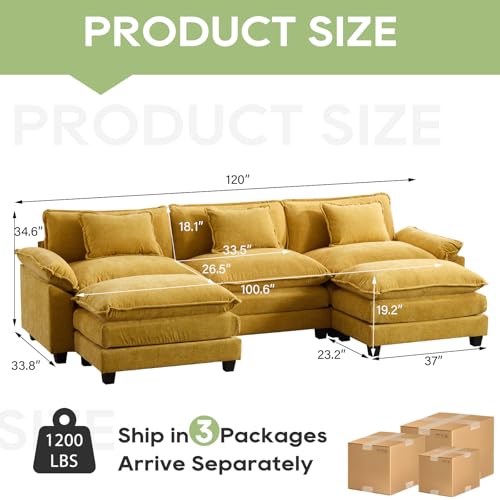 Image of Oprisen 120 inch Modular Sectional Sofa, Comfy Cloud Couch Sectional Sofa with Ottoman, Chenille Sofa Sleeper Deep Seat Sofa with Throw Pillows for Living Room (Yellow, 120 inch- U Shape)