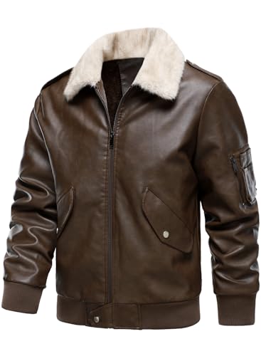 HOOD CREW Men’s Faux Leather Aviator Bomber Jacket with Fur Collar Warm Fleece Lined Biker Jackets Vintage Winter Coats2