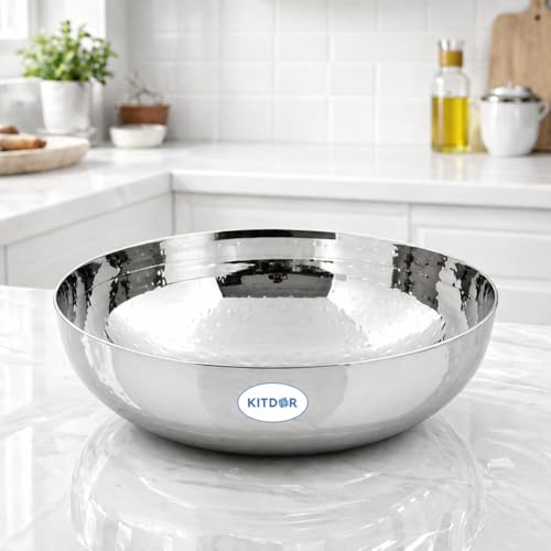 Image of Stainless Steel Hammered Kadhai with Sturdy Handle, Heavy Bottom for Even Heat, Ideal for Deep Frying & Daily Cooking, Rust-Resistant & Durable (1.2L, Without Handle)