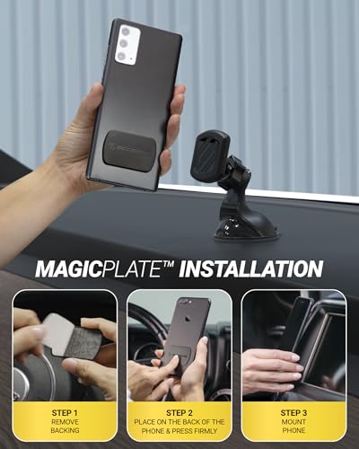 Image of Scosche Extra Strength Suction Cup Phone Mount, Magnetic Dashboard /Windshield Mount Cell Phone Holder for Car with 360 Rotation, StickGrip Base & Thick Metal Plate for iPhone and Android, Not MagSafe
