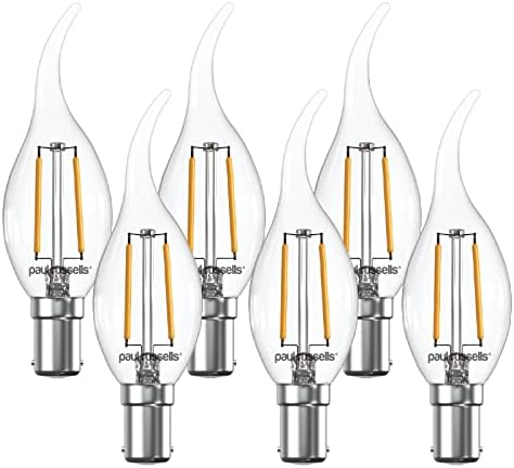 paul russells LED Flame Candle Filament Light - Pack of 6  2.5W 25W Equivalent Replacement 250LM Lumens 2700K SBC B15D Small Bayonet Cap C35T Bulbs  Energy Saving Non-Dimmable Lamps - Warm White