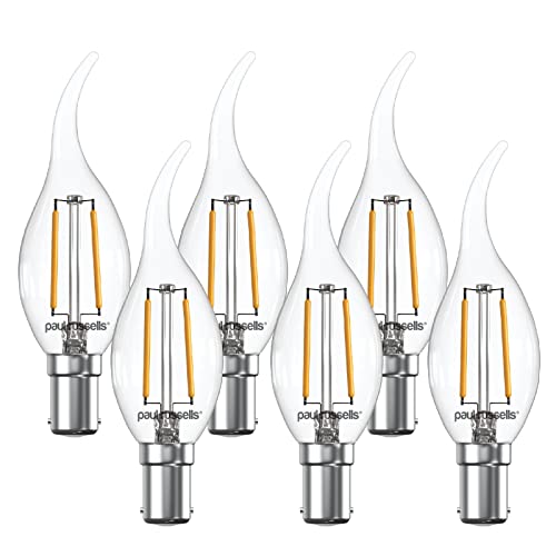 paul russells LED Flame Candle Filament Light - Pack of 6 – 2.5W 25W Equivalent Replacement 250LM Lumens 2700K SBC B15 Small Bayonet Cap C35T Bulbs – Energy Saving Non-Dimmable Lamps - Warm White