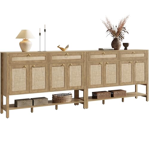 Image of SICOTAS Rattan Sideboard Buffet Cabinet with with Open Storage - Larger Coffee Bar Cabinet Credenza with Drawers, Farmhouse Boho Buffet Console Table for Living Room, Entryway, Kitchen (2 PCS)
