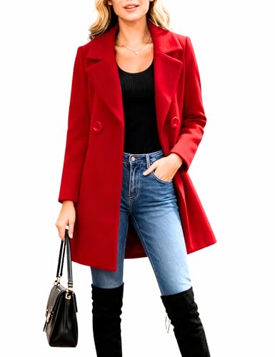 Omoone Women's Long Sleeve Slim Fit Warm Winter Wool Blend Pea Coat Overcoat(1056-Red-M)