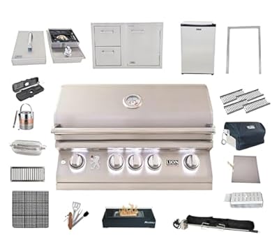 AMS Fireplace, Lion 40 Inch Grill Package w Double Access Drawer and Horizontal Single Door side burner Refrigerator Liquid Propane