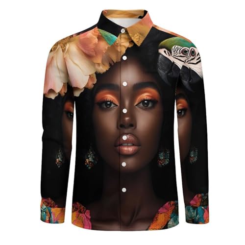 African USA Woman Mens Long Sleeve Shirt Casual Button Down Dress Shirts3