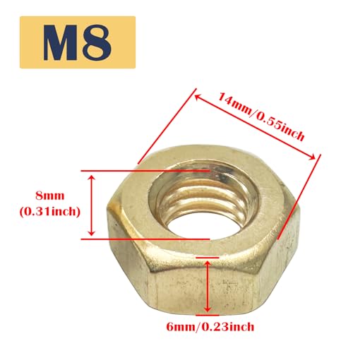Image of M8 Brass Hex Nuts,Metric Solid Brass Internal Threaded Hexagon Hardware Machine Brass Hex Nuts(20Pcs)