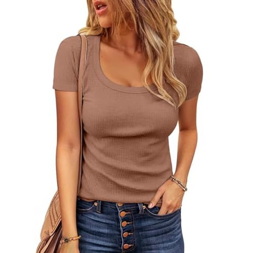 VICHYIE Womens Summer Short Sleeve Tops Square Neck Loose Tunics Henley Casual Shirt Tee Tshirt Medium Dark Khaki