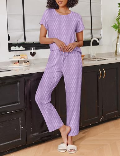 Image of Ekouaer 2 Pack Pajamas for Women Set Short Sleeve Sleepwear Top and Pants Pjs Soft Printed Lounge Sets with Pockets Purple Dots /Navy Blue Moon Small