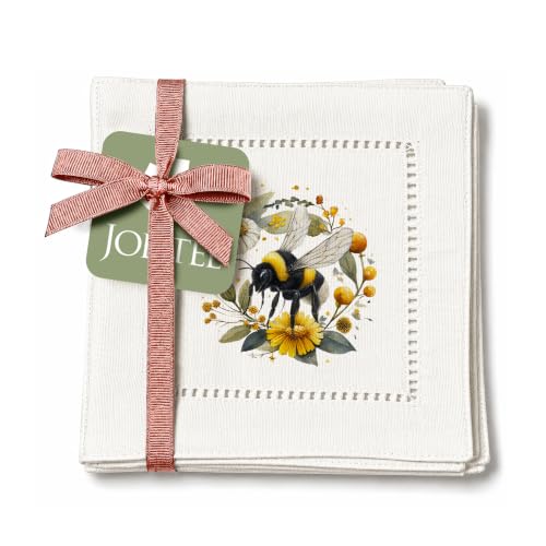 Jolitee Decorative Hemstitch Cocktail Napkins, 6"x6" Washable Linen-Like Cloth Napkins, Handmade for Entertaining and Everyday Use (Bee Wreath)