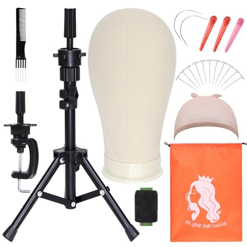 PWEOUKE 22 Inch Canvas Wig Head with Stand for Wigs ,14-22 Inch Height Adjustable Wig Stand Tripod with Canvas Block Wig Head,Manikin Head Block Set for Cosmetology with Wig Stand and Storage Bag