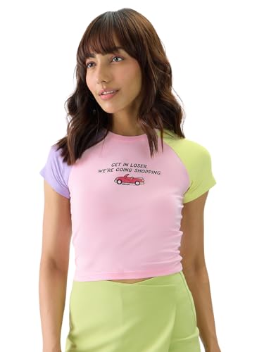 Image of The Souled Store Official Mean Girls: Get in Loser Women and Girls Short Sleeve Round Neck Multicolor Color Blocked Cotton Blend Slim Fit Cropped Tops