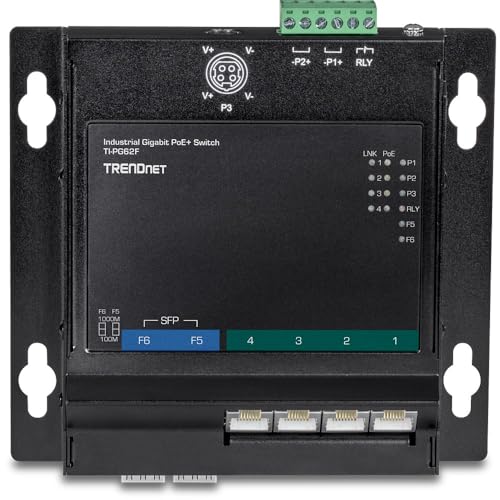 Image of TRENDnet 6-Port Industrial Gigabit PoE+ Wall-Mounted Front Access Switch, TI-PG62F, 4 x Gigabit PoE+ Ports, 2 x Gigabit SFP Slots, DIN-Rail, Wall Mount Brackets Included, IP30, 120W PoE Budget