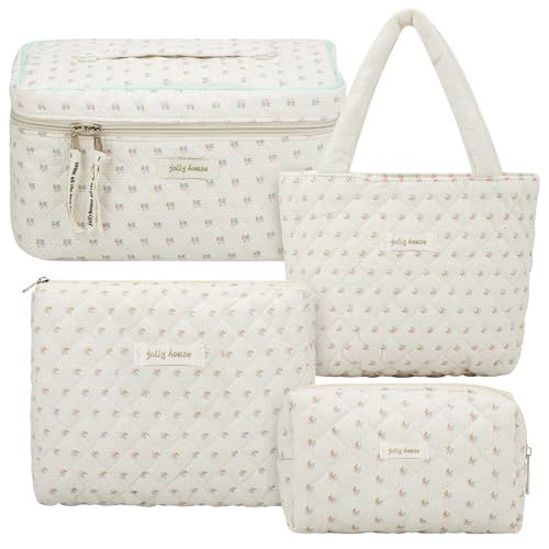 Silkfly 4 Pcs Cosmetic Bags Set Cotton Quilted Makeup Bag Portable Cute Floral Cosmetic Pouch Vintage Travel Coquette Aesthetic Small Tote for Women Suitcase Accessories(Floral)