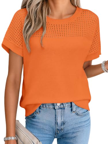 Anbech Crochet Tops for Women Short Sleeve Knit Sweater Pullover Shirt Hollow Out Lightweight Summer Beach Vest Outfits Orange