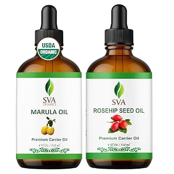 SVA Marula and Rosehip Carrier Oil 4 oz Bundle Super Saver Combo Value Set for Hair Oiling, Scalp Massage, Hair Care, Skin Care and Body Massage