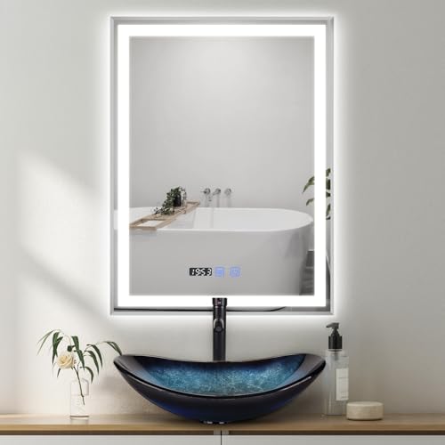 YOURLITE Miroir de Salle de Bain avec Éclairage LED 80x60cm, Fonction Antibuée Étanche Ip44 3 Couleurs Lumière et Luminosité Réglables, avec Affichage Heure et Température