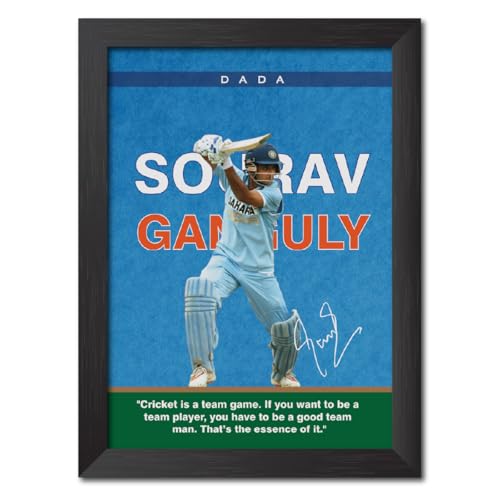 Image of TenorArts Sourav Ganguli Poster with Quotes Indian Legend Cricket Player Photo Frame Painting with Matt Finish Black Textures (12 inches x 9inches)