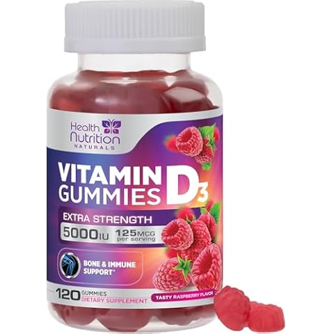 Vitamin D3 Gummies Extra Strength 5000 IU (125 mcg) - Bone, Teeth, Muscle & Immune Support Vitamin D Gummy Dietary Supplement, Nature's Berry Vitamin D Supplement, Non-GMO - 120 Gummies Cover