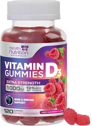 Health Nutrition Naturals Vitamin D3 Gummies 5000IU (125mcg), D Immune Support Gummy, Delicious Raspberry Flavor, Gluten Free Vegetarian GMO-Free Chewable - Bone for Adults, Men, Women 120