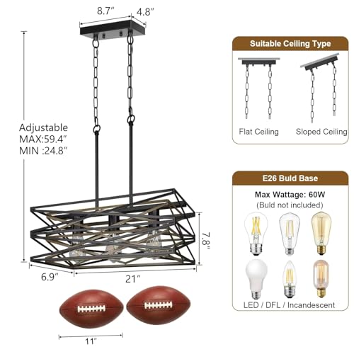 Sigaitwei 21''Farmhouse Dining Room Light Fixture,3-Light Kitchen Island Lighting,Industrial Chandelier for Dining Room Over Table Kitchen Bar,Linear Chandelier with Retro Wood Texture Interior by Sigaitwei - Used condition - Image 5