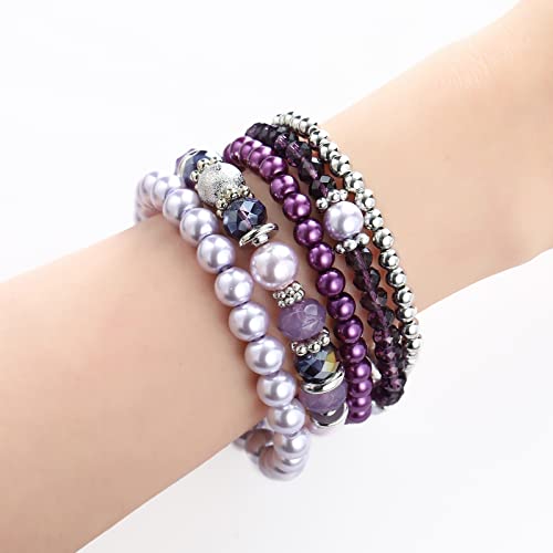 Noessla Beaded Pearl Stretch Bracelet Silver Stackable Crystal Beads Bracelets Trendy Costume Jewelry Mothers Day Gifts For Women(Purple) #TOP2