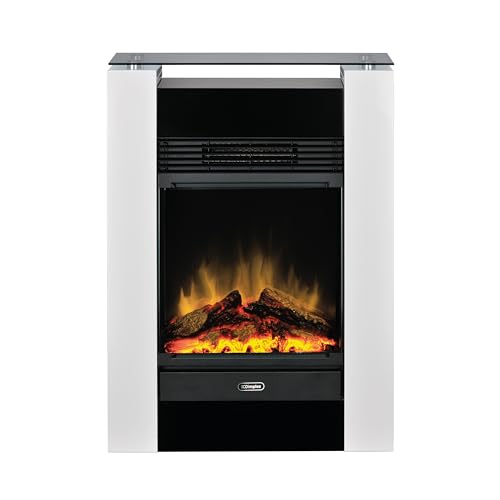 Dimplex Gisella Weiß, freistehender Elektrokamin mit Optiflame Effekt, Holzscheit-Glutbett, LED-Flammeneffekt, Einstellbarer Heizung, Thermostat und Fernbedienung. Glasablage