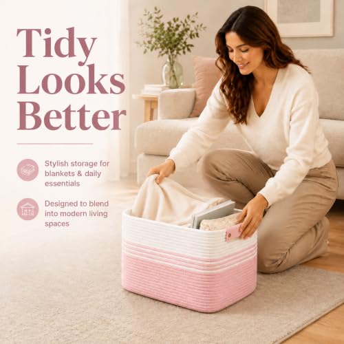 Image of 19.2GAL Sturdy Large Laundry Basket with Handles for Dirty Clothes, Portable Aesthetic Boho Cute Woven Storage Blanket Baskets for Living Room Decor and throws pillows Kids Toys Bath Towle White Pink