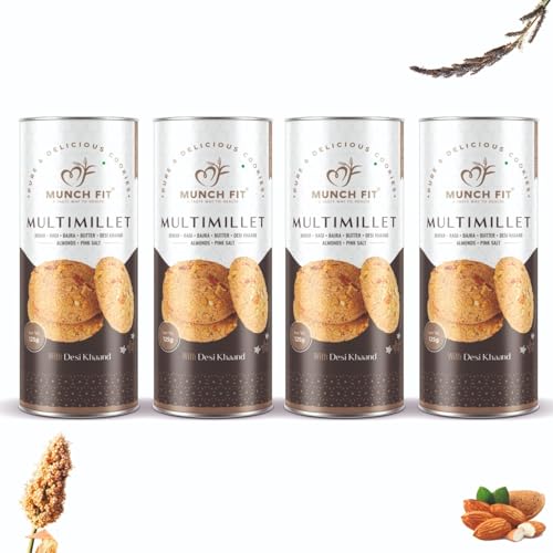 Image of Munch Fit Healthy Multimillet Cookies 125gm Pack of 4 | Egg Less Cookies Made Desi Khand with Jowar Ragi Bajra Cookies | Gluten Free, No Maida, No Added Sugar | 100% Natural Crunchy Snacks