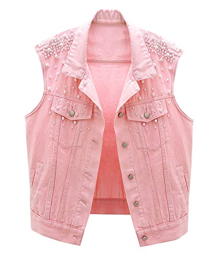 LifeShe Womens Beading Pearls Sleeveless Denim Vest Jean Jacket Coat…