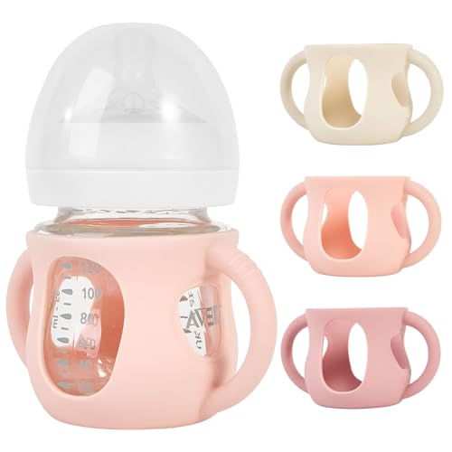 Image of MINMUNJIU 3 Pack Silicone Sleeves for Philips Avent Natural Glass Baby Bottles, Anti Breakage Baby Bottle Holder with Handle for Baby Girls, Compatible Philips Avent Glass Natural Baby Bottle, 4oz