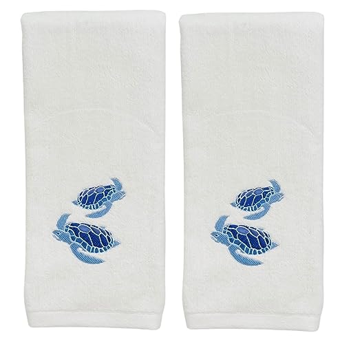 Coastal White Guest Hand Bathroom Towels, Royal Blue Sea Turtle, 16x25"