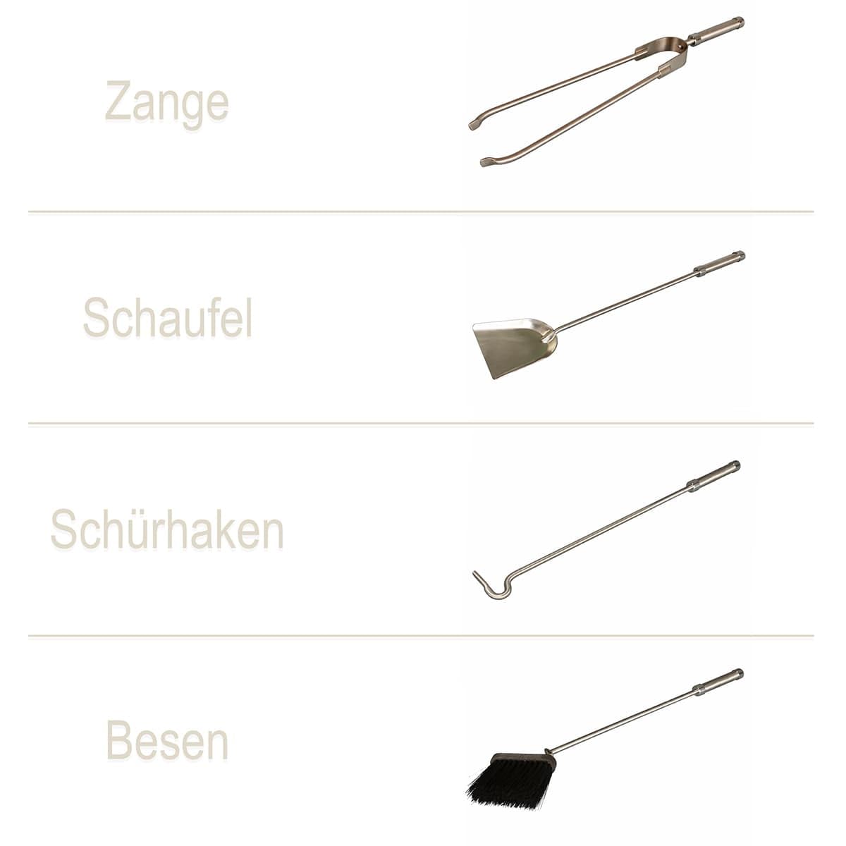 MS Beschläge Ofenbesteck Edelstahl 5-teilig matt gebürstet – Kaminbesteck mit Halter, Zange, Schaufel, Besen & Schürhaken - modernes Kaminzubehör, massiv, langlebig, EU-Qualität - Kamingarnitur robust