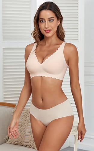 Image of Xcutting Deep V Bras Wireless Bra No Underwire Supportive Scalloped Seamless Bralettes Petal Wavy Women Jelly Bras for Women