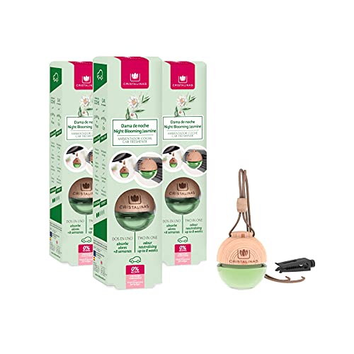 Cristalinas Car Air Fresheners Night Blooming Jasmine Scent, Pack Of 3 - Odour Neutralising 2 in 1 Air Fresheners for Cars, Essential Oils Car Air Freshener Scent for Men & Women lasts upto 8 weeks