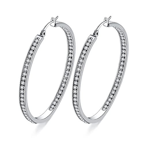 Weinuo 2 Inch Stunning Stainless Steel White Cubic Zirconia Hoop Earring For Women Hypoallergenic Jewelry For Sensitive Ears Large Big Hoop Earrings 50Mm #TOP5